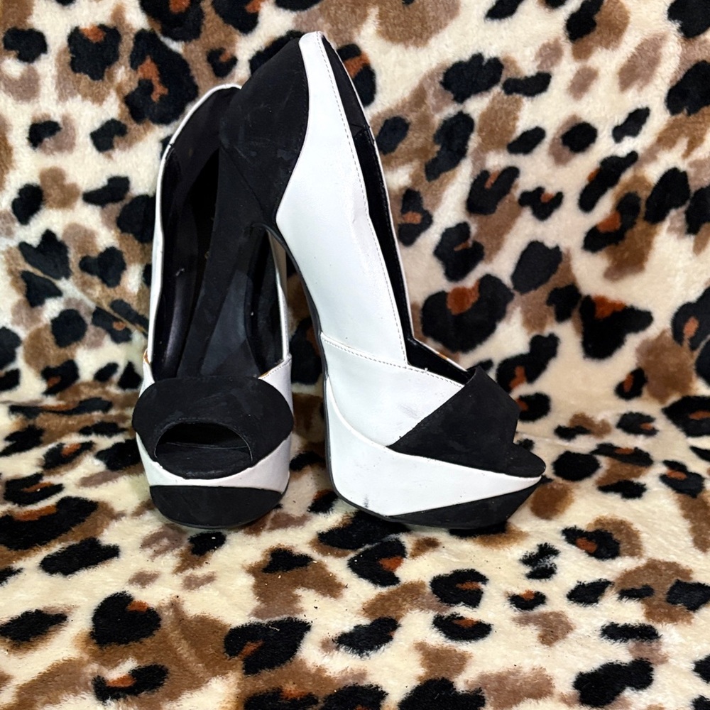 Qupid Black and White Peep Toe Heels